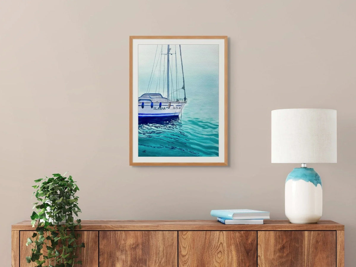 St. Anna - Original Watercolor Painting of a Blue Sailboat