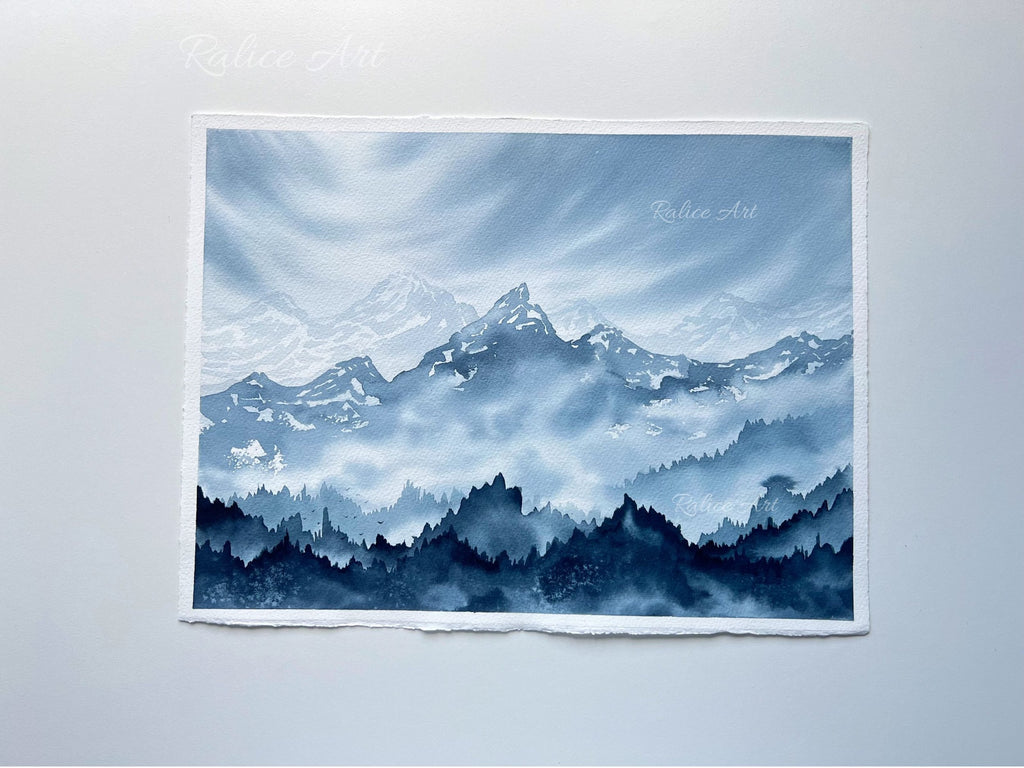 Misty Mountain Valley - Original Watercolor Painting
