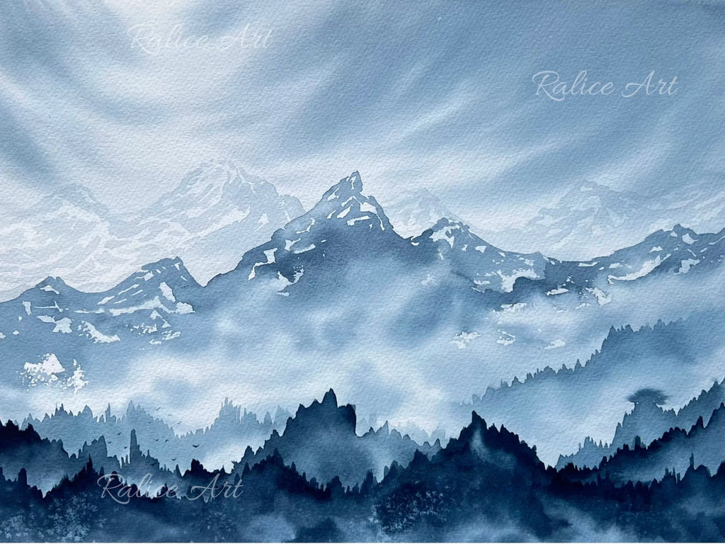 Misty Mountain Valley - Original Watercolor Painting