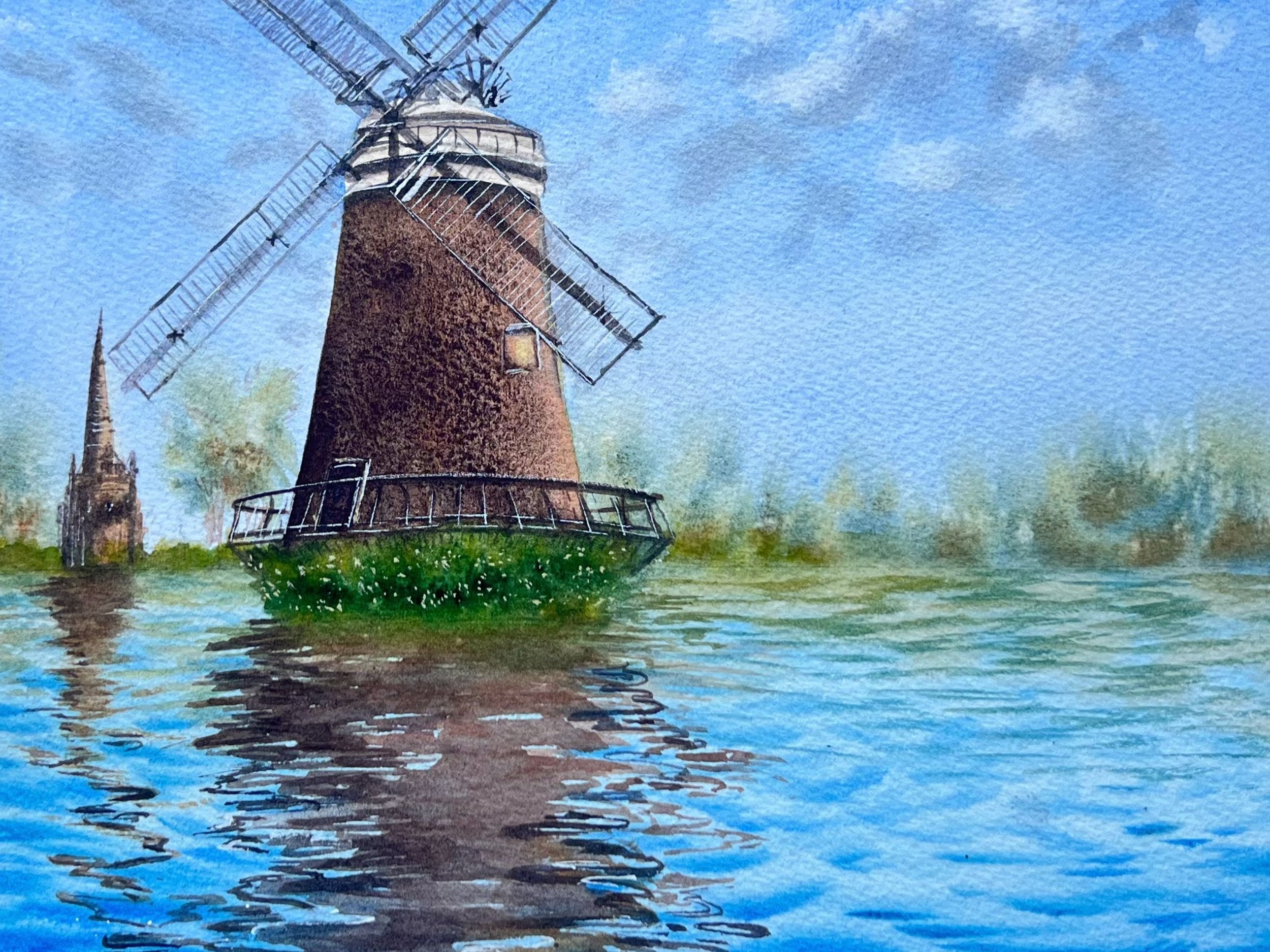 Windmill's Reflections - Original Watercolor Painting