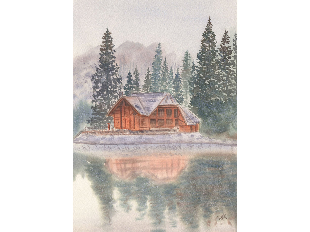 Snowy Lake Cabin with Pine Trees - Art Print