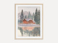 Snowy Lake Cabin with Pine Trees - Art Print