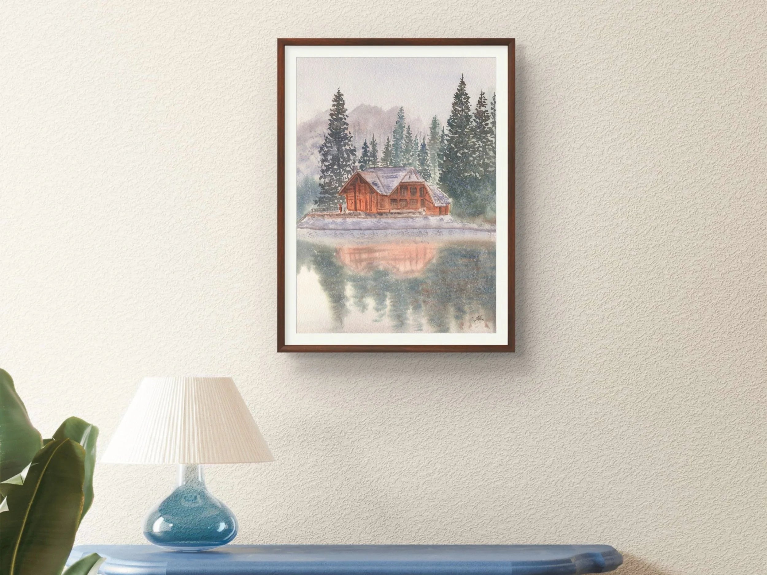 Snowy Lake Cabin with Pine Trees - Art Print