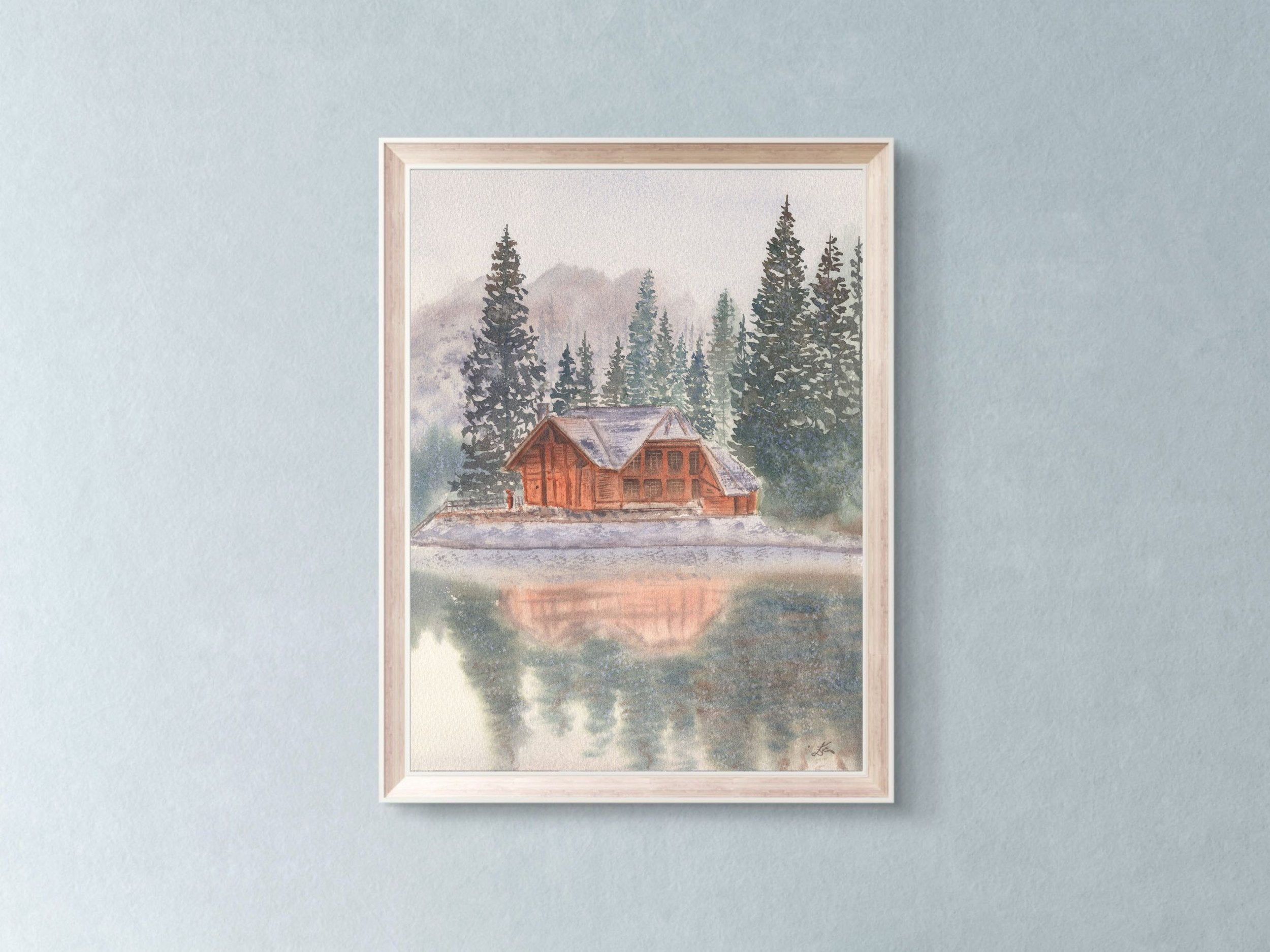 Snowy Lake Cabin with Pine Trees - Art Print