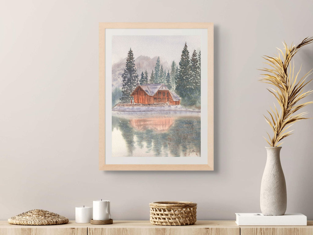 Snowy Lake Cabin with Pine Trees - Art Print