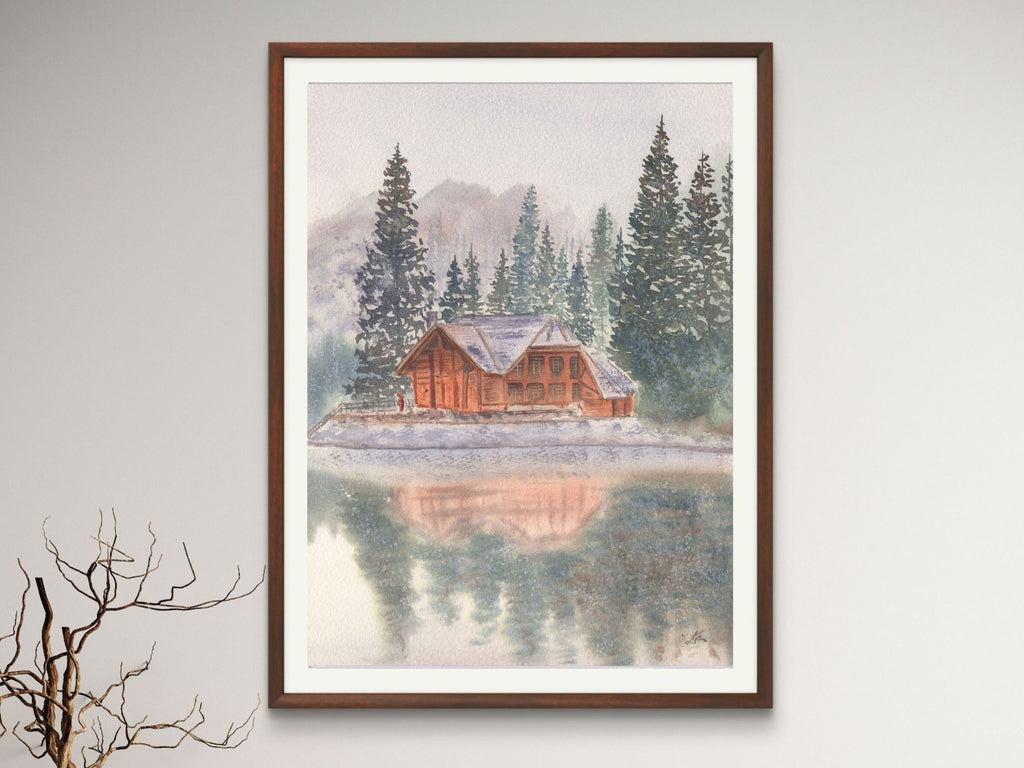 Snowy Lake Cabin with Pine Trees - Art Print