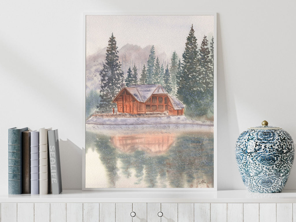 Snowy Lake Cabin with Pine Trees - Art Print
