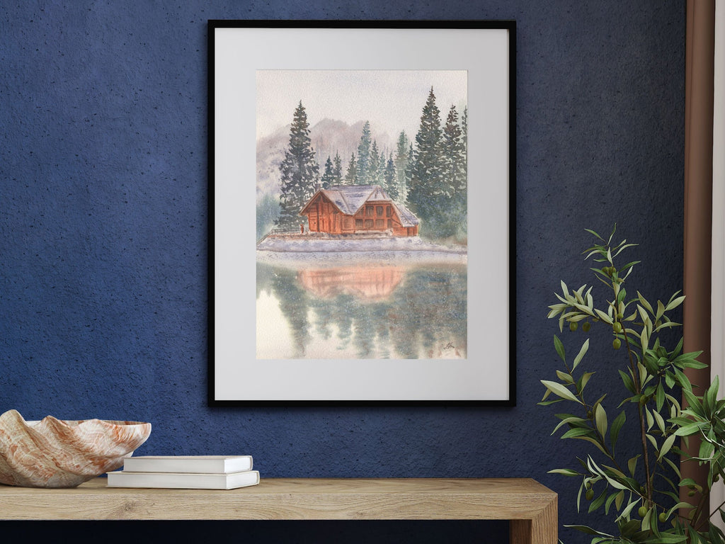 Snowy Lake Cabin with Pine Trees - Art Print