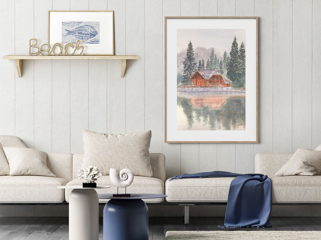 Snowy Lake Cabin with Pine Trees - Art Print