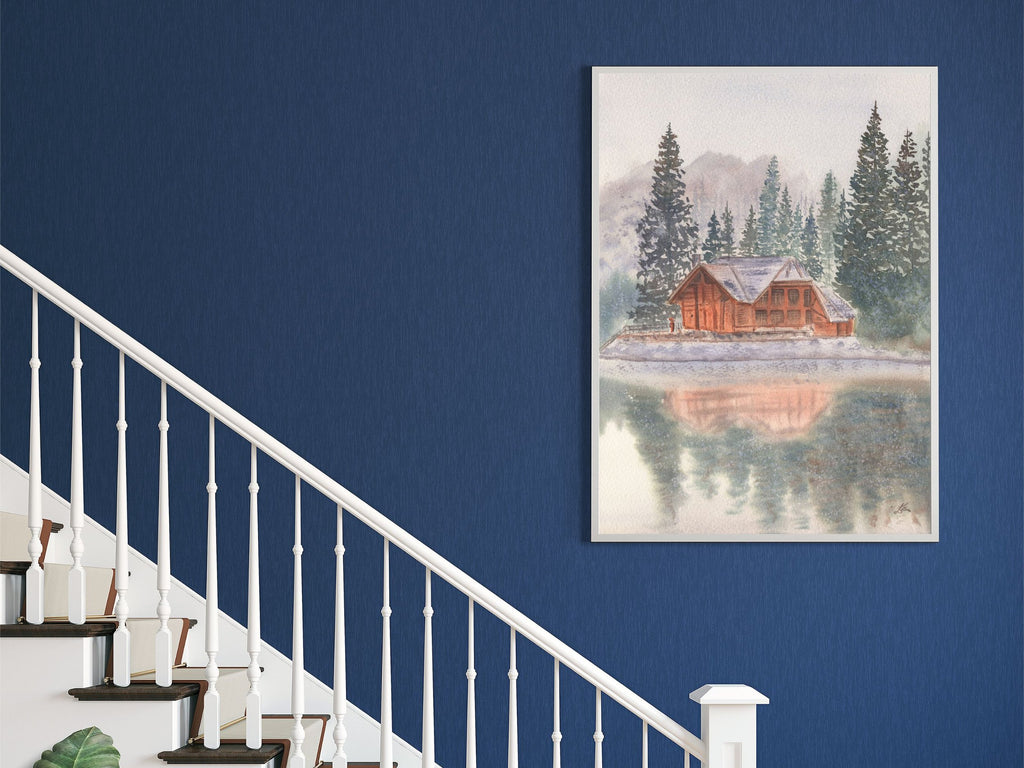Snowy Lake Cabin with Pine Trees - Art Print