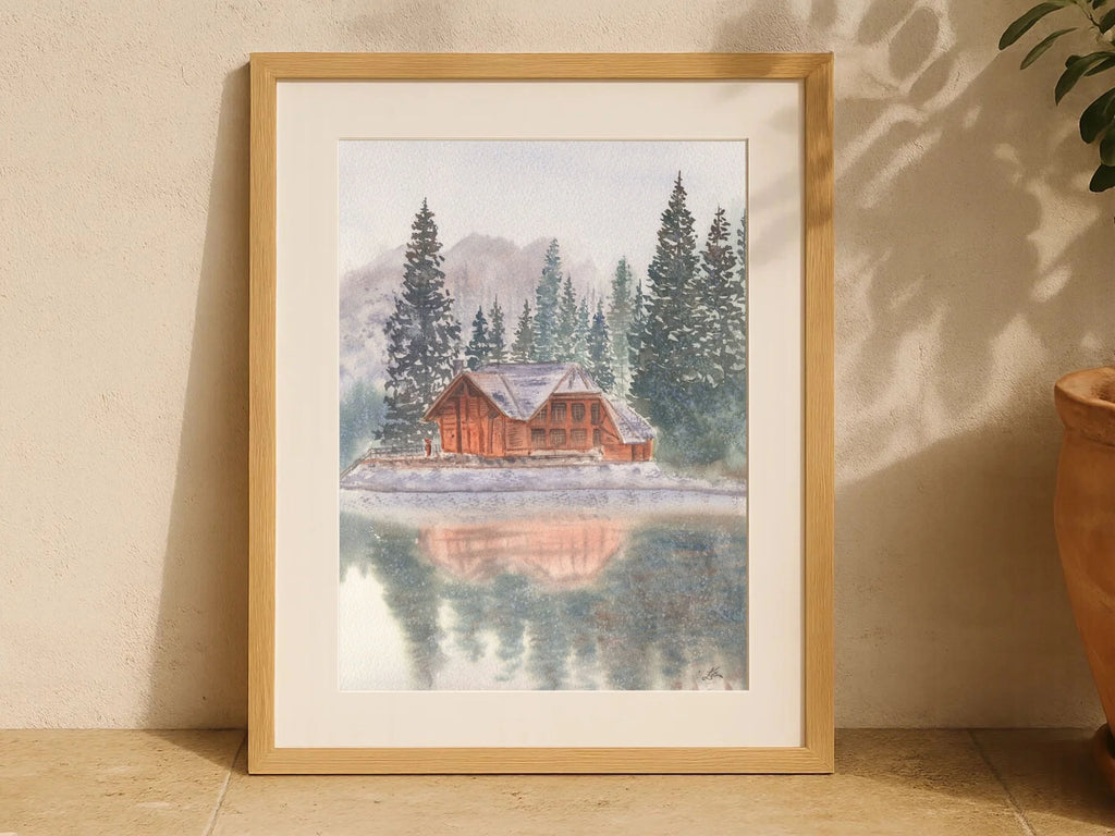 Snowy Lake Cabin with Pine Trees - Art Print