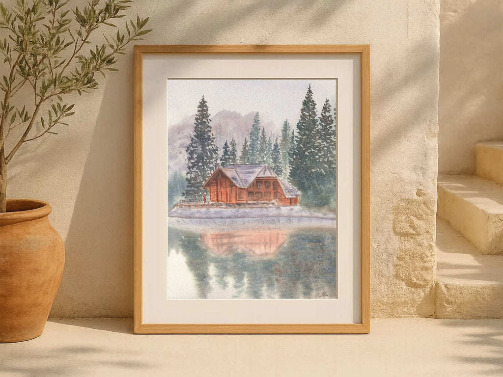 Snowy Lake Cabin with Pine Trees - Art Print
