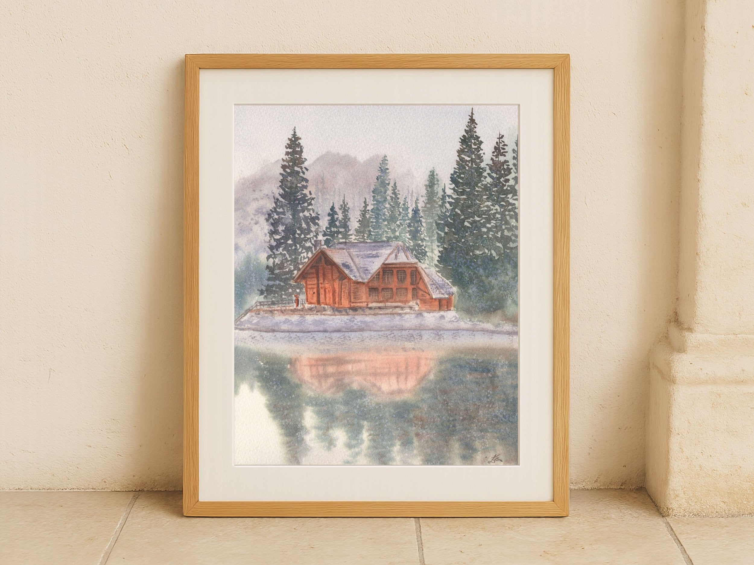 Snowy Lake Cabin with Pine Trees - Art Print
