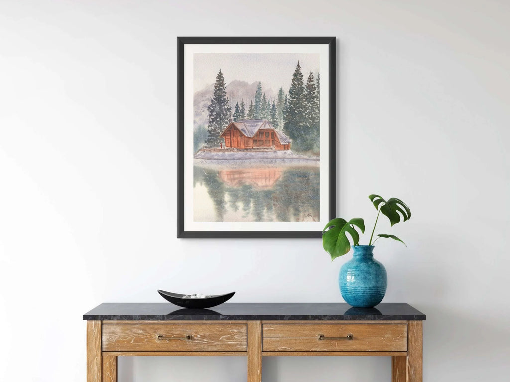 Snowy Lake Cabin with Pine Trees - Art Print