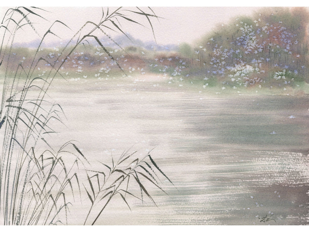 Dreamy Lake Landscape with Reeds - Art Print