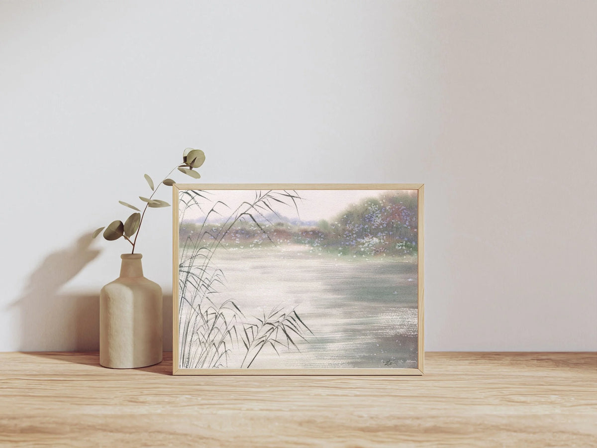 Dreamy Lake Landscape with Reeds - Art Print