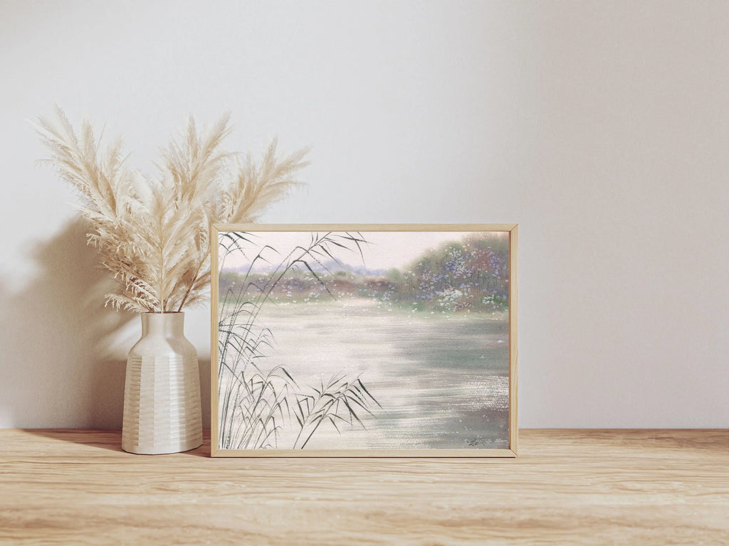 Dreamy Lake Landscape with Reeds - Art Print