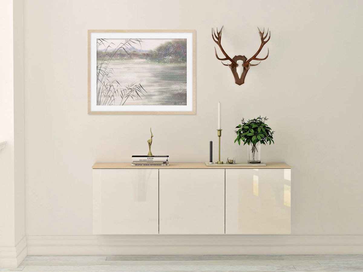 Dreamy Lake Landscape with Reeds - Art Print