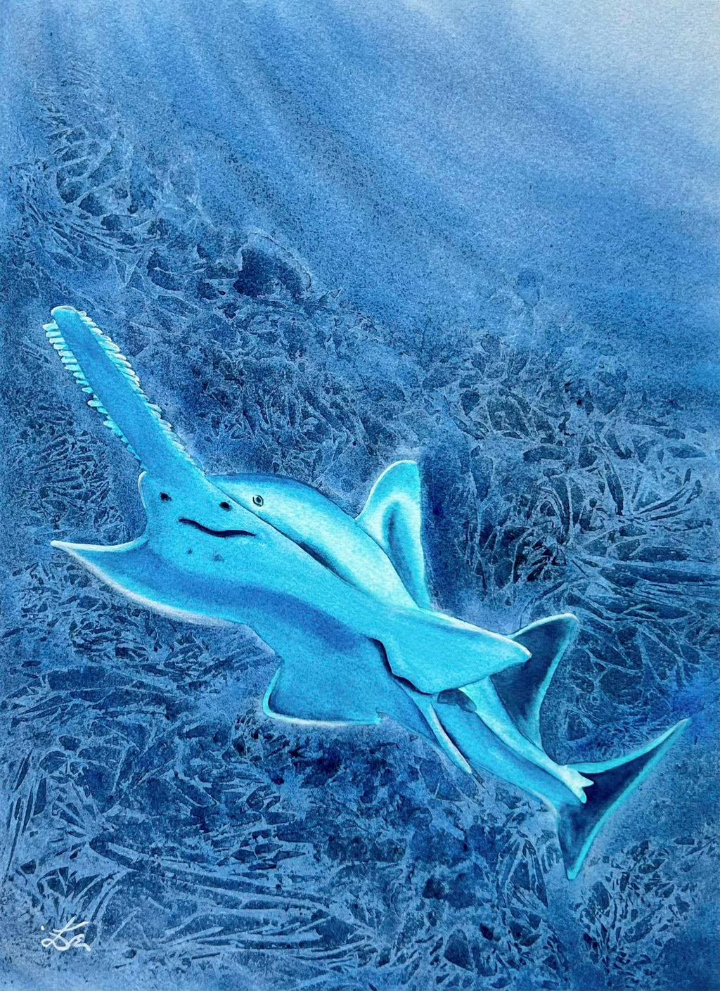 Glowing Sawfish  - Original Watercolor Painting of a Carpenter Shark
