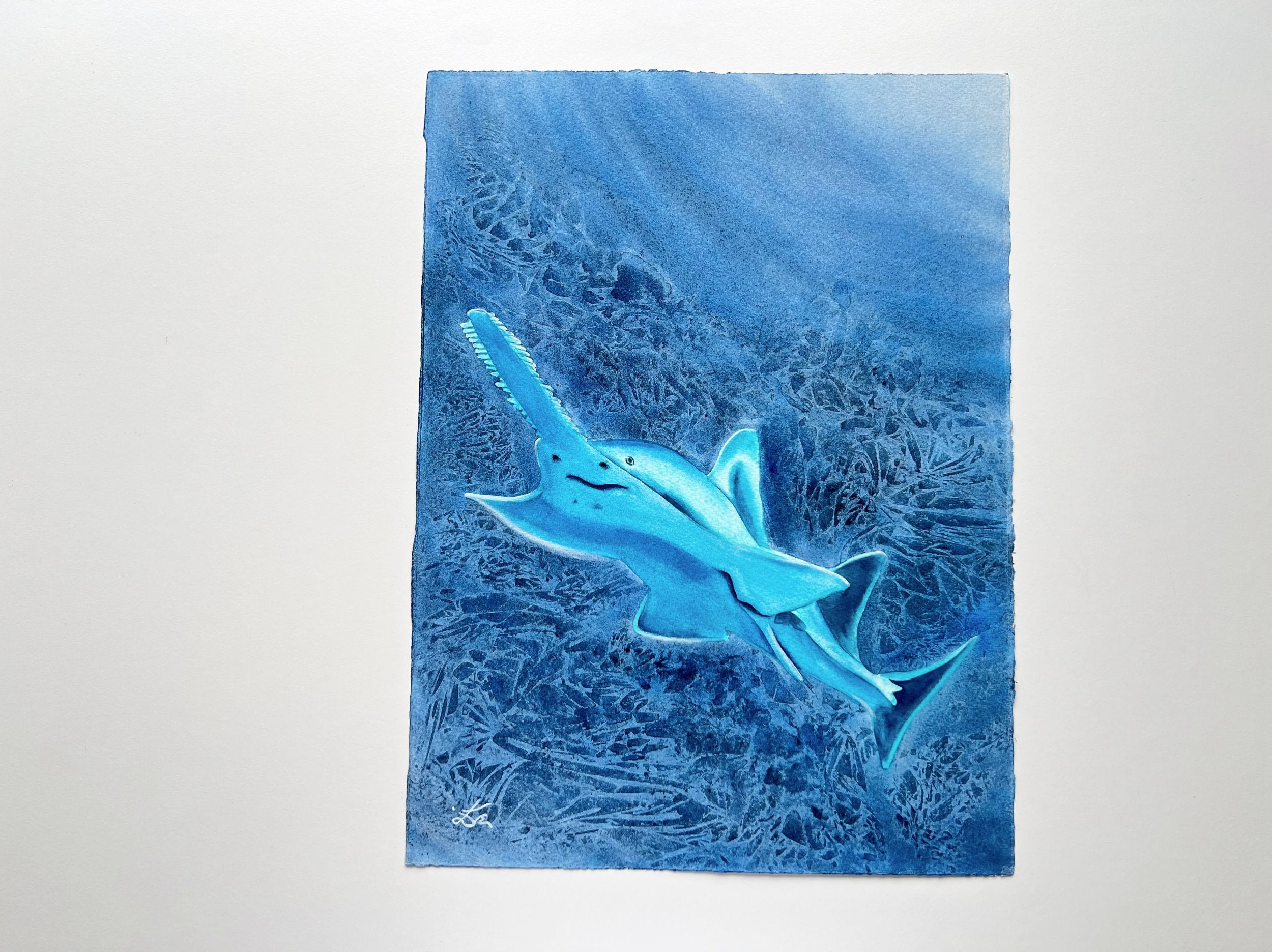 Glowing Sawfish  - Original Watercolor Painting of a Carpenter Shark