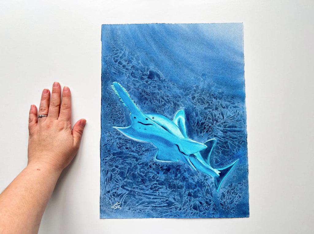 Glowing Sawfish  - Original Watercolor Painting of a Carpenter Shark