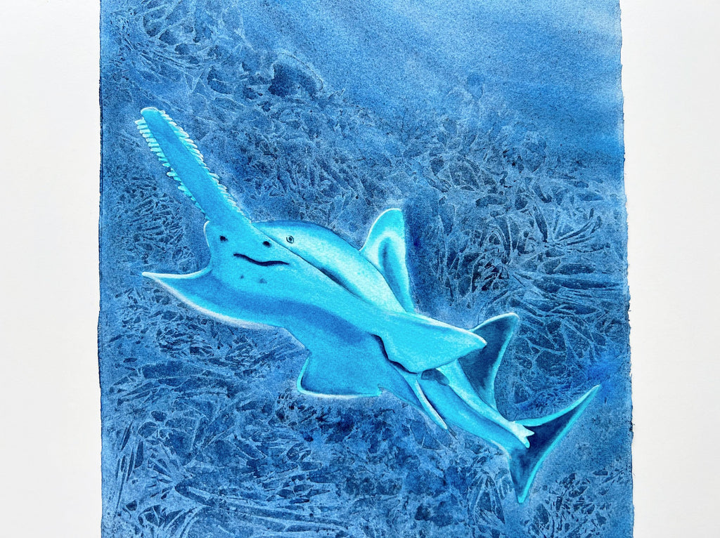 Glowing Sawfish  - Original Watercolor Painting of a Carpenter Shark