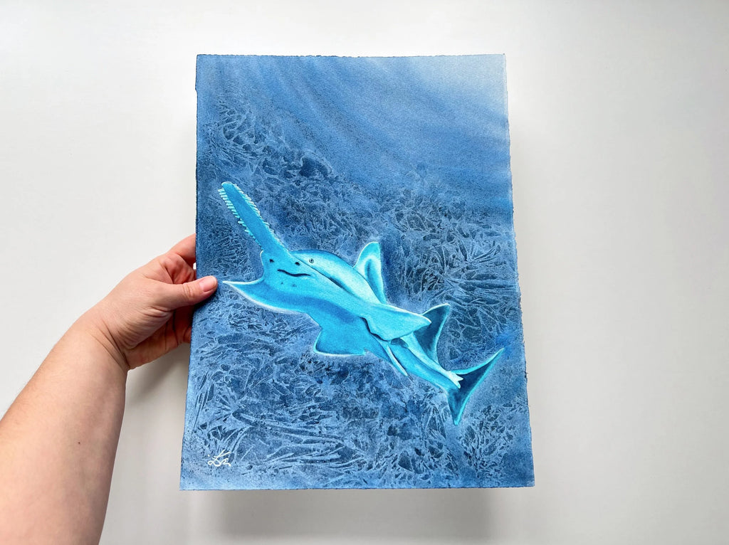 Glowing Sawfish  - Original Watercolor Painting of a Carpenter Shark