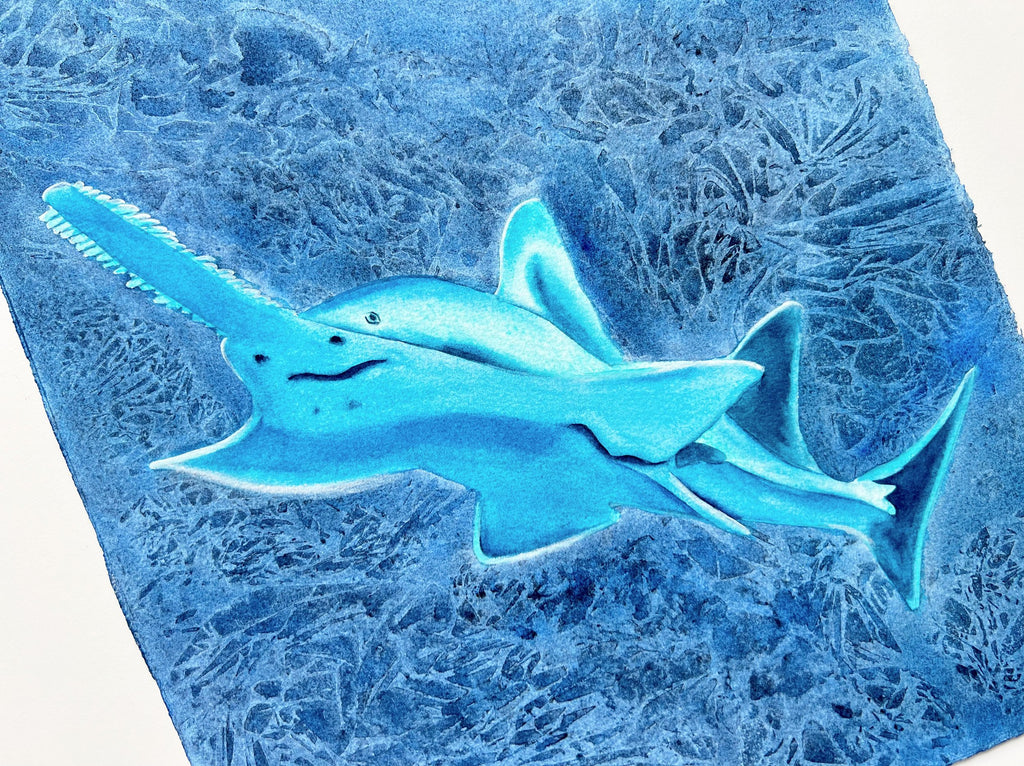 Glowing Sawfish  - Original Watercolor Painting of a Carpenter Shark