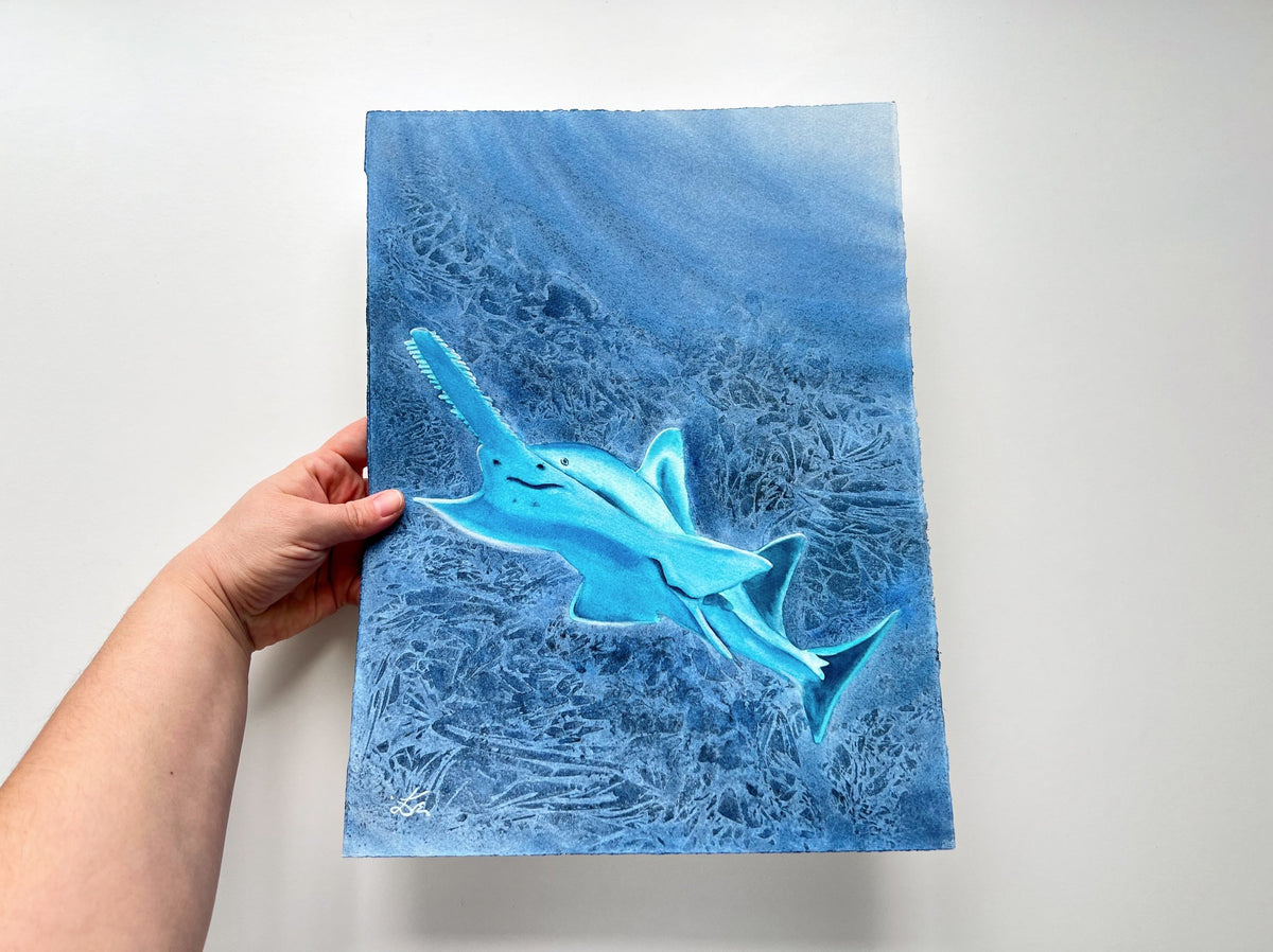 Glowing Sawfish  - Original Watercolor Painting of a Carpenter Shark