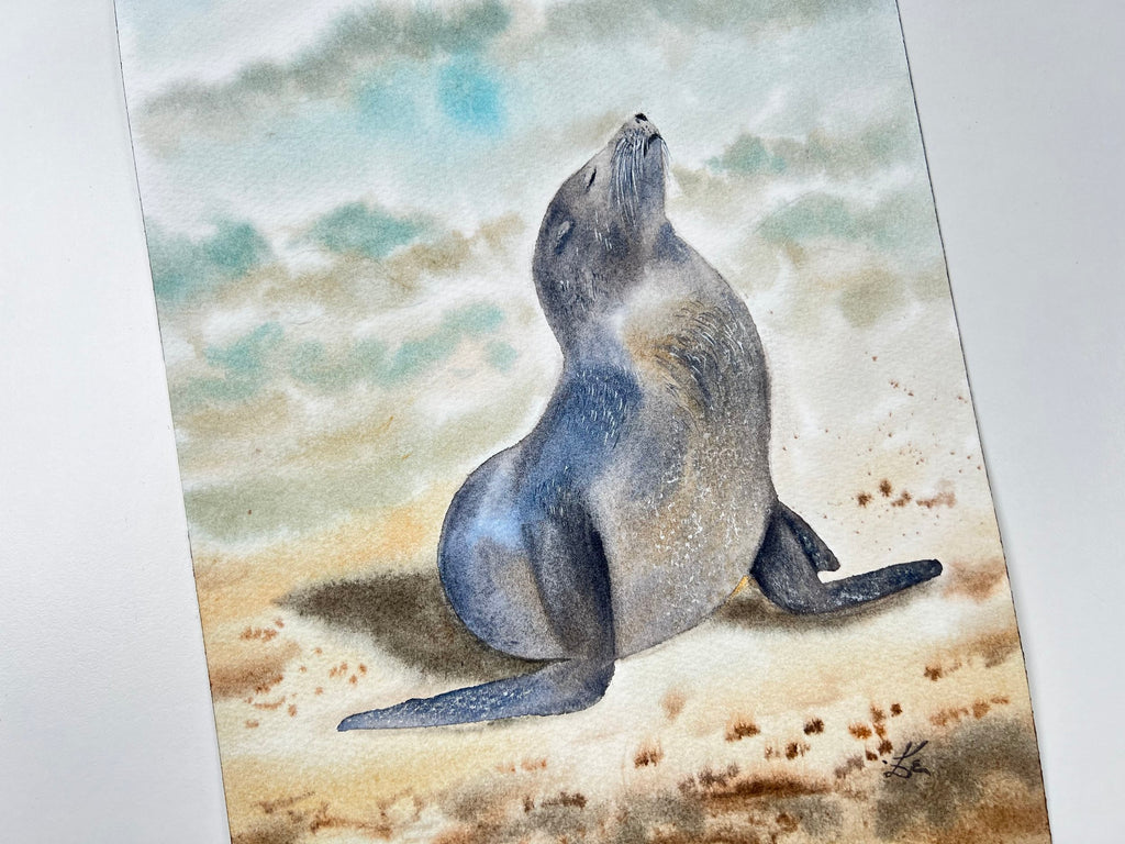 Sunbathing Seal  - Original Watercolor Painting