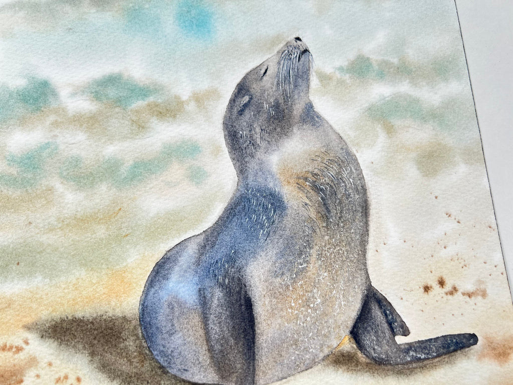 Sunbathing Seal  - Original Watercolor Painting