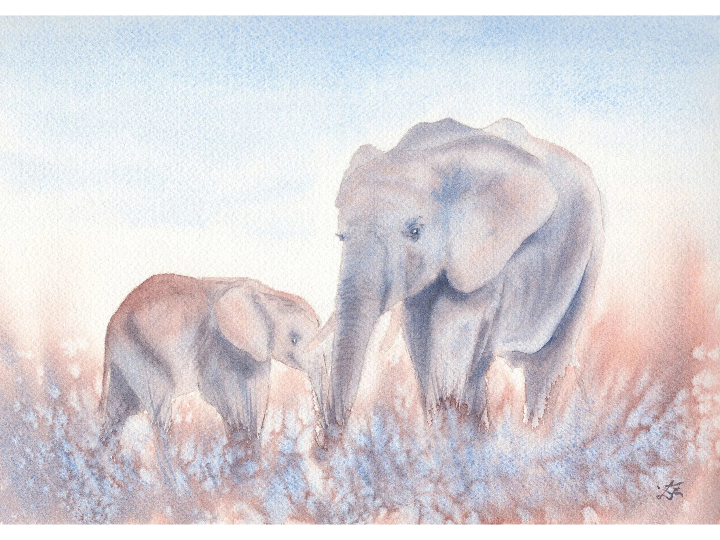 Mother and Baby Elephant - Art Print