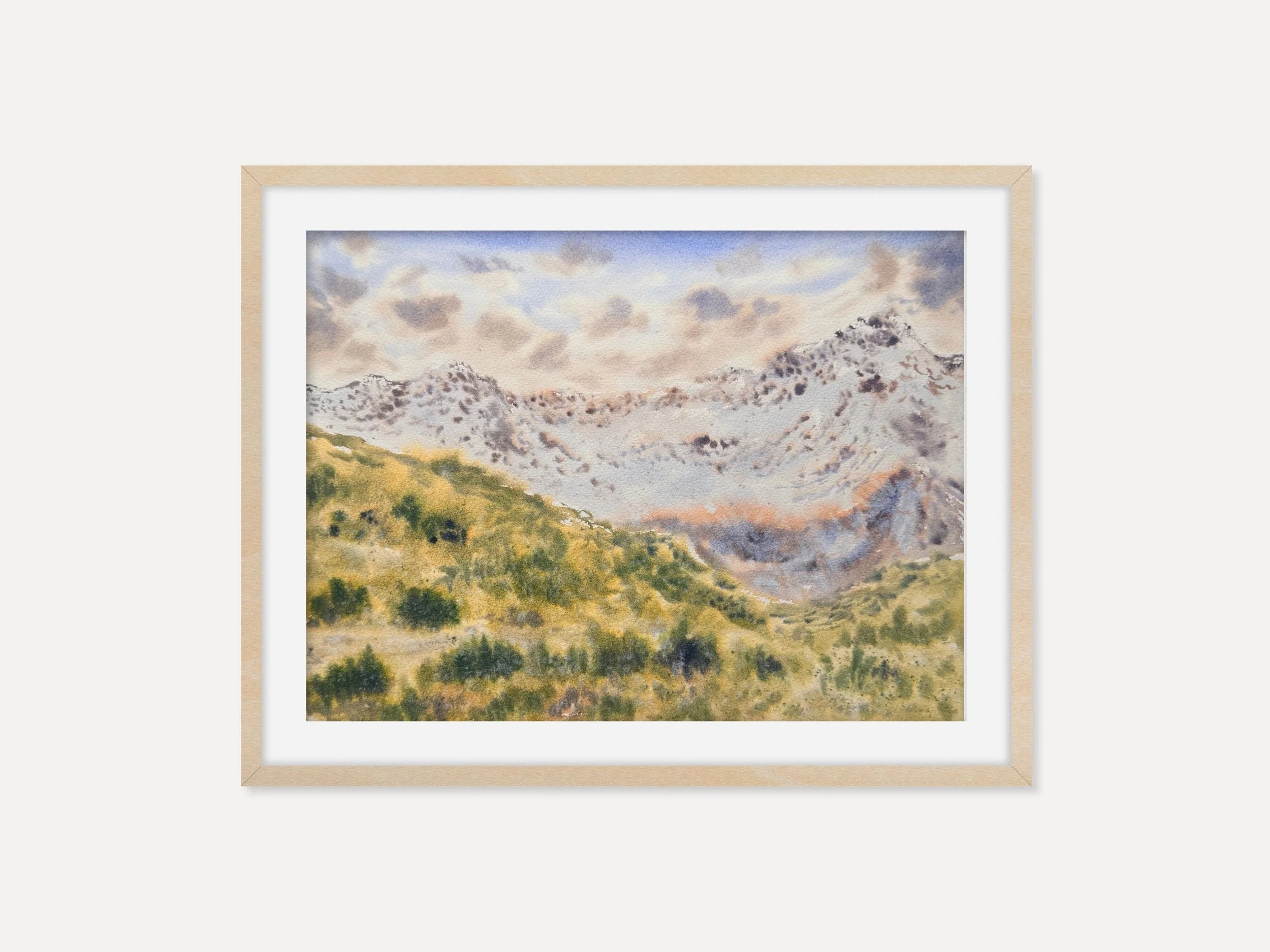 Lush Green Landscape with Snowy Mountains - Original Watercolor Painting