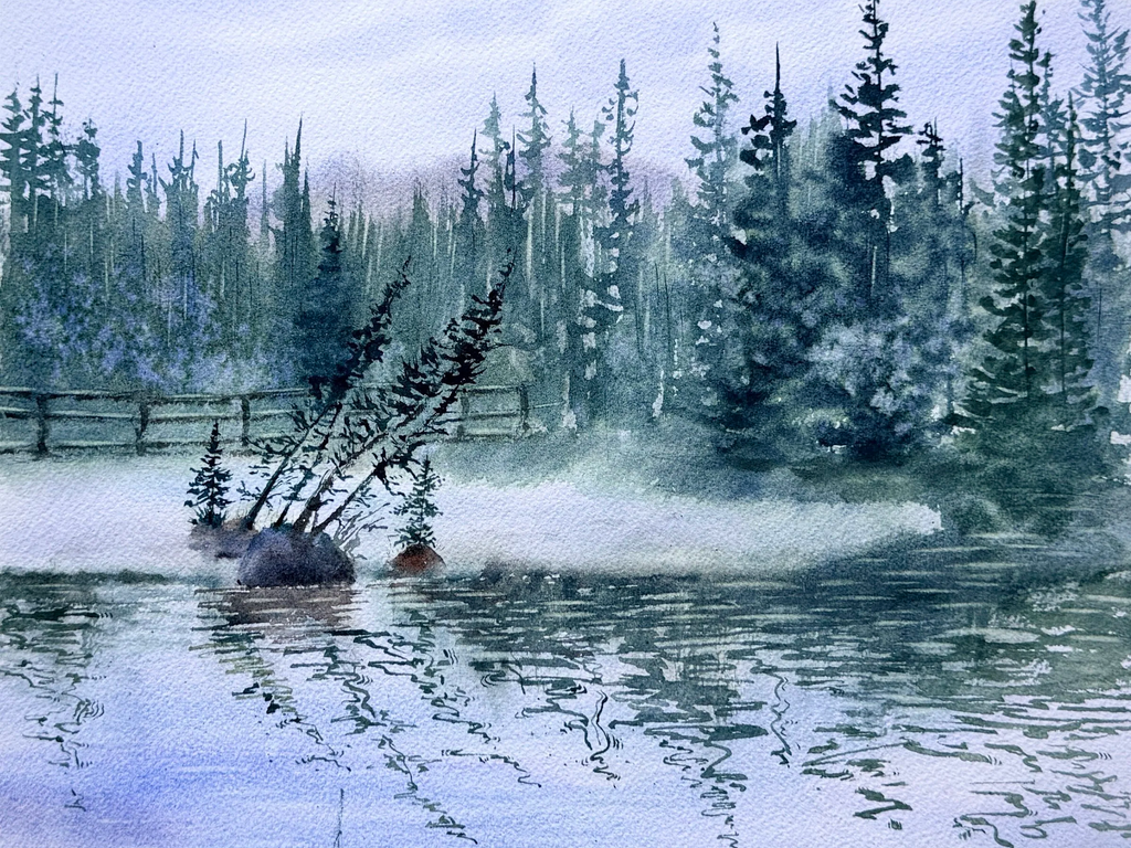 Nature`s Reflections - Original Watercolor Paintings of Lake Landscape with Misty Pine Trees