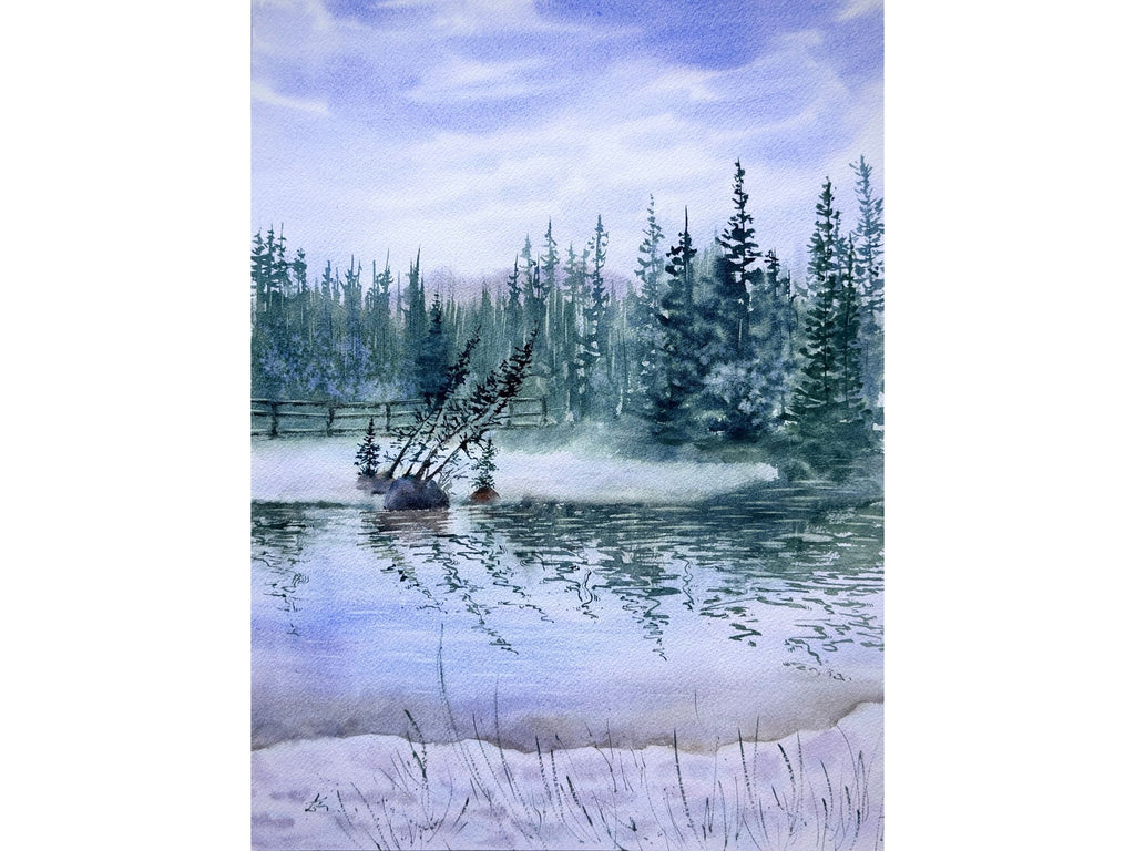 Nature`s Reflections - Original Watercolor Paintings of Lake Landscape with Misty Pine Trees