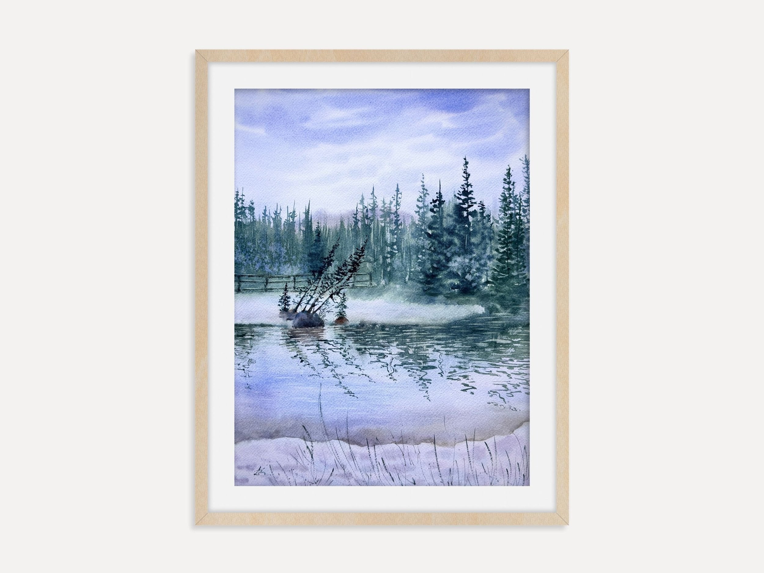 Nature`s Reflections - Original Watercolor Paintings of Lake Landscape with Misty Pine Trees