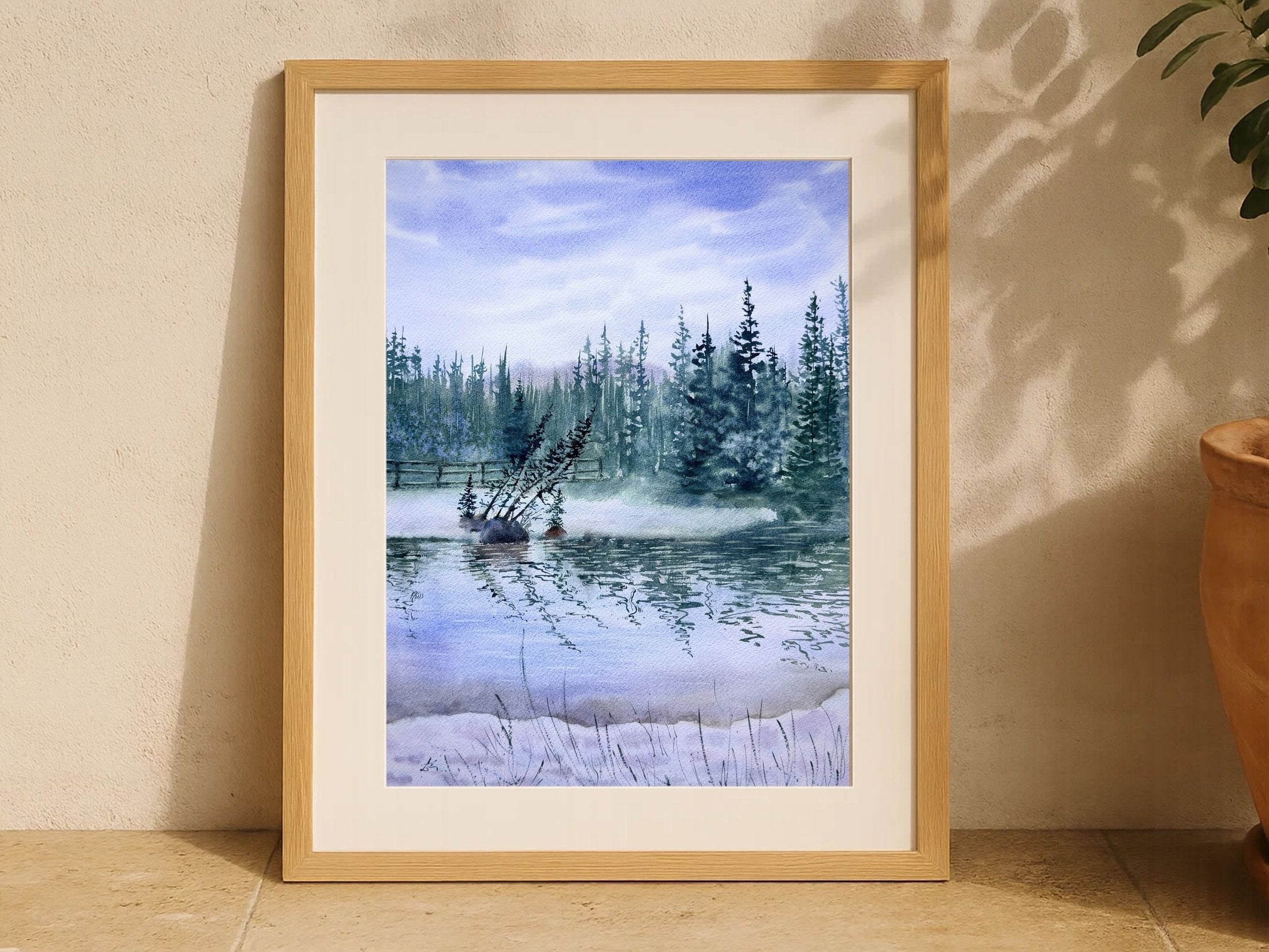 Nature`s Reflections - Original Watercolor Paintings of Lake Landscape with Misty Pine Trees