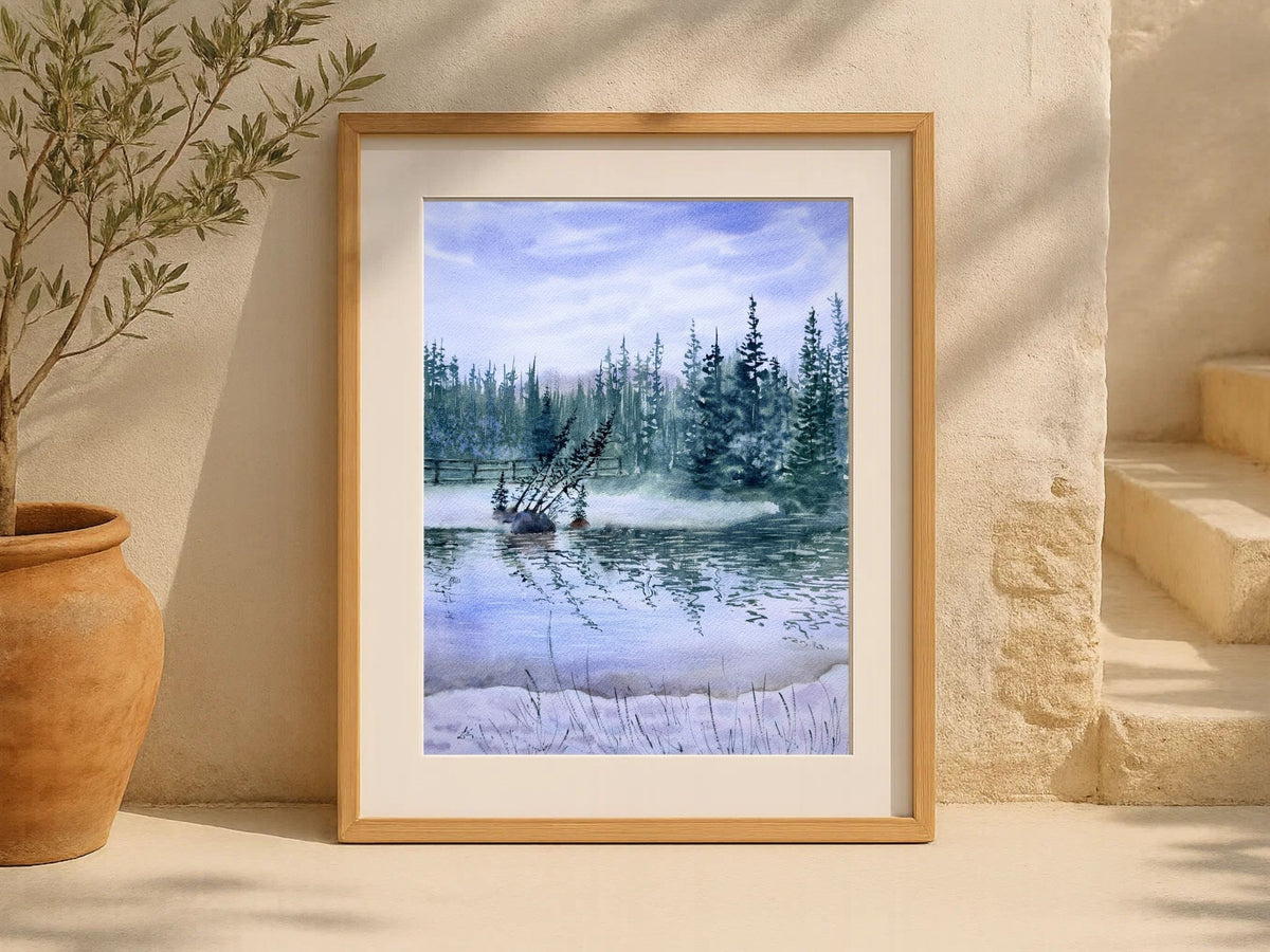 Nature`s Reflections - Original Watercolor Paintings of Lake Landscape with Misty Pine Trees