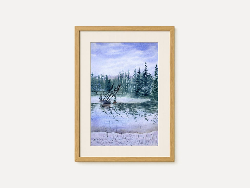 Nature`s Reflections - Original Watercolor Paintings of Lake Landscape with Misty Pine Trees