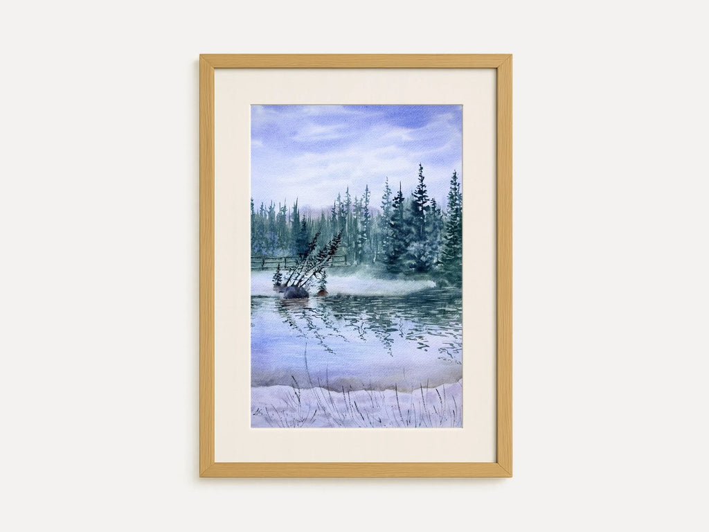 Nature`s Reflections - Original Watercolor Paintings of Lake Landscape with Misty Pine Trees