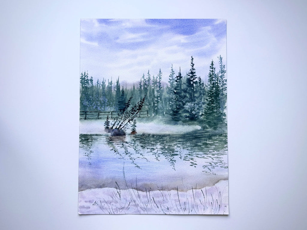 Nature`s Reflections - Original Watercolor Paintings of Lake Landscape with Misty Pine Trees