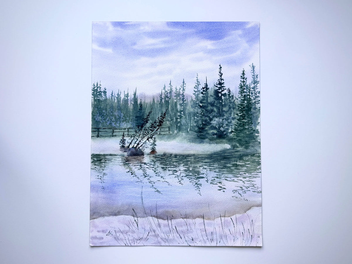 Nature`s Reflections - Original Watercolor Paintings of Lake Landscape with Misty Pine Trees