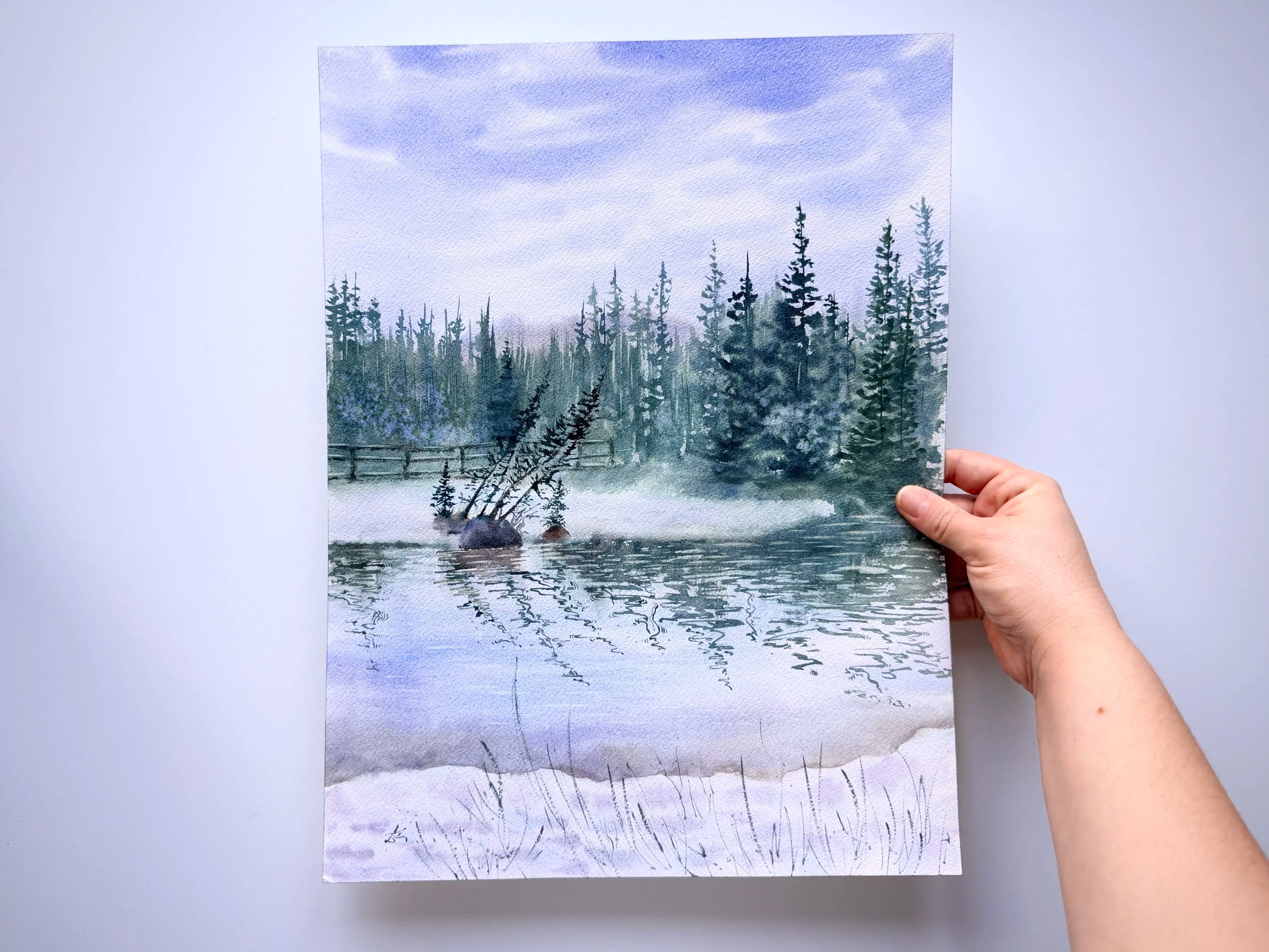 Nature`s Reflections - Original Watercolor Paintings of Lake Landscape with Misty Pine Trees