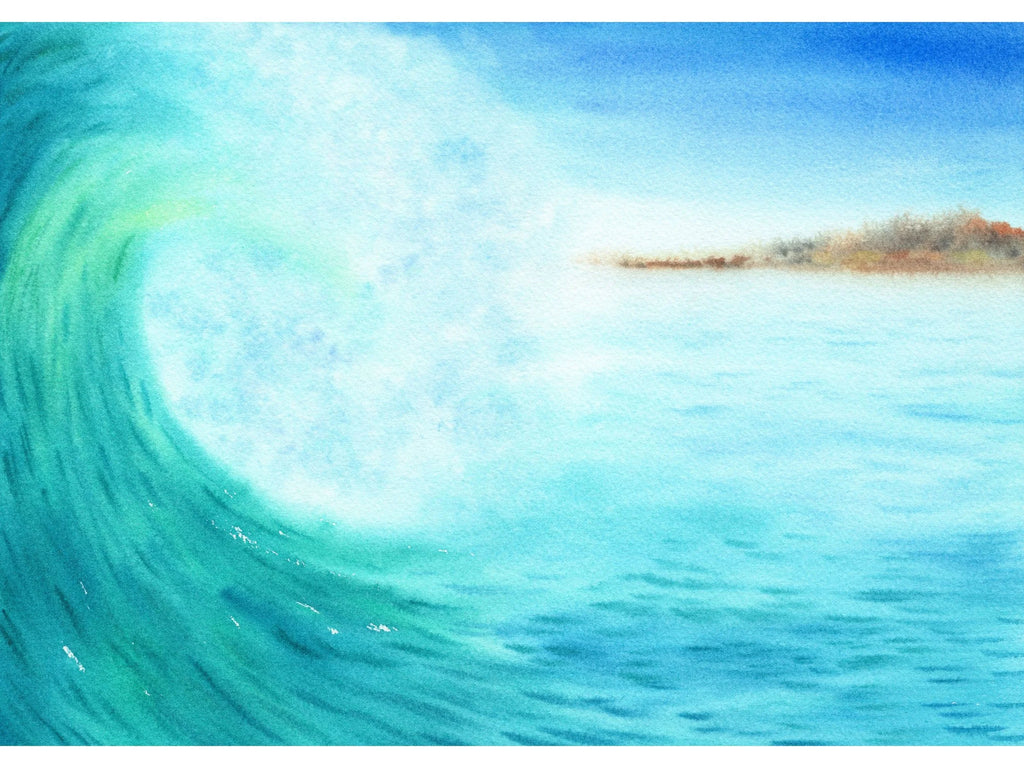 Blue Ocean Wave with Distant Island - Art Print