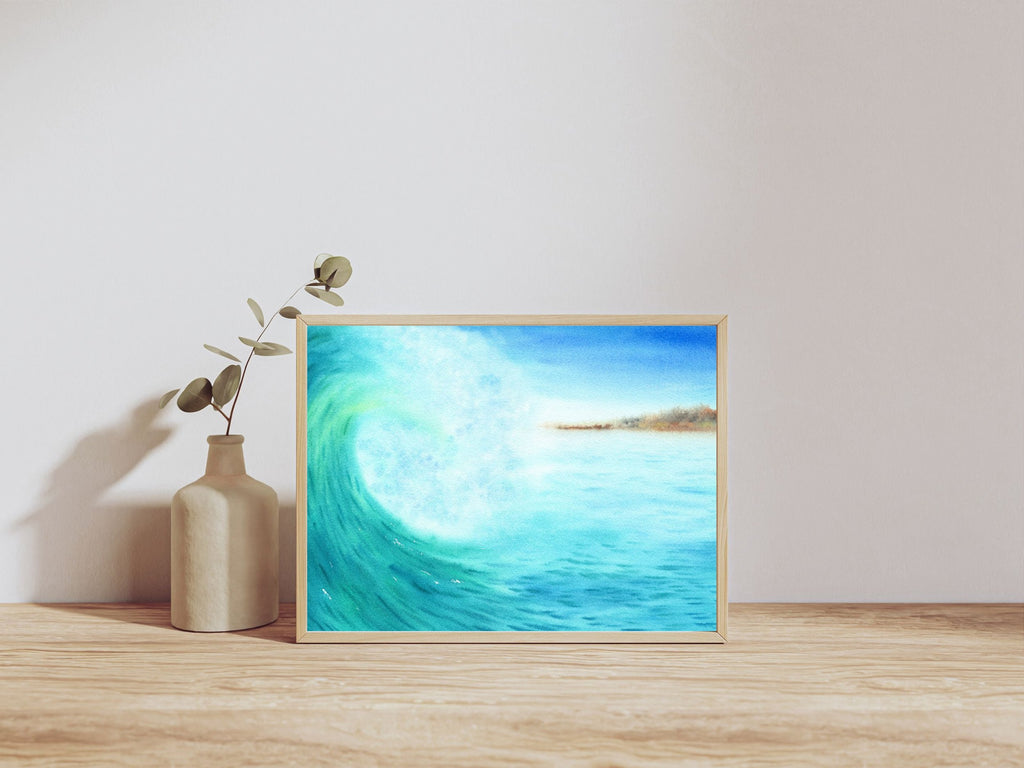 Blue Ocean Wave with Distant Island - Art Print