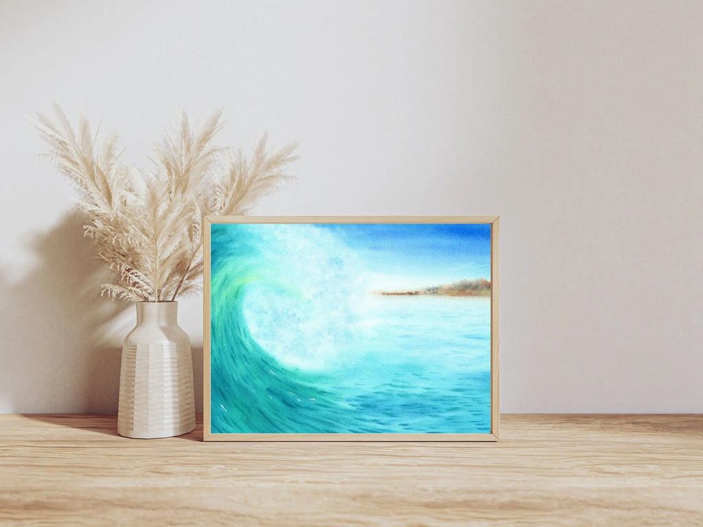 Blue Ocean Wave with Distant Island - Art Print