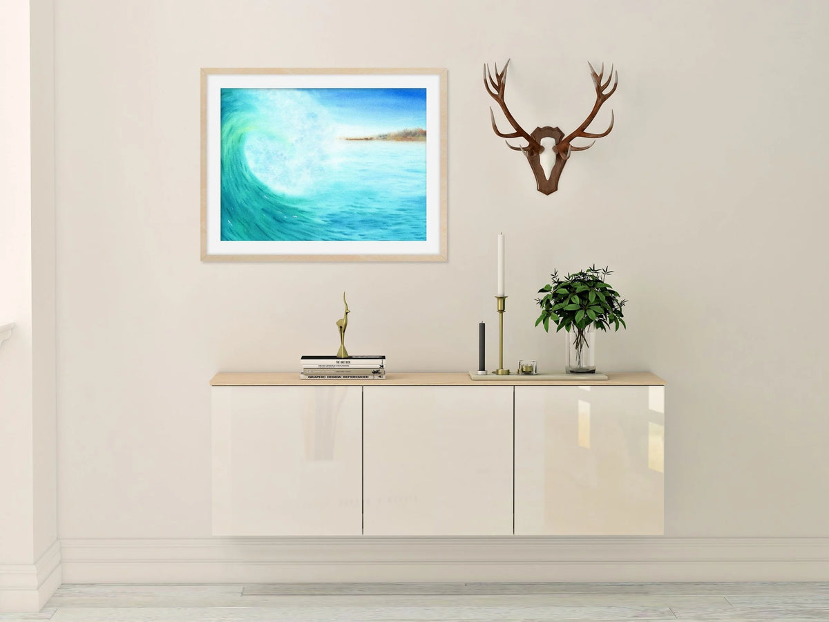 Blue Ocean Wave with Distant Island - Art Print