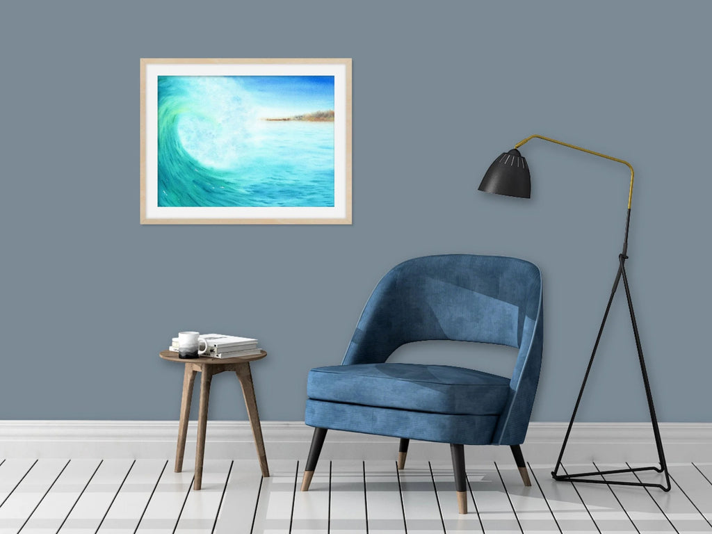 Blue Ocean Wave with Distant Island - Art Print