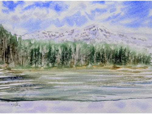 Calm Mountain Lake with Evergreen Trees - Original Watercolor Painting