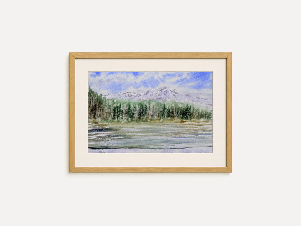 Calm Mountain Lake with Evergreen Trees - Original Watercolor Painting
